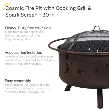 Sunnydaze Cosmic 30-Inch Outdoor Fire Pit - Wood Burning Fire Pit with Cooking BBQ Grill Grate, Spark Screen, and Fireplace Poker - Celestial Design - CookCave