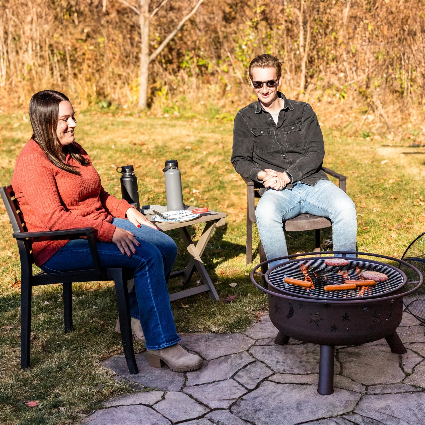 Sunnydaze Cosmic 30-Inch Outdoor Fire Pit - Wood Burning Fire Pit with Cooking BBQ Grill Grate, Spark Screen, and Fireplace Poker - Celestial Design - CookCave