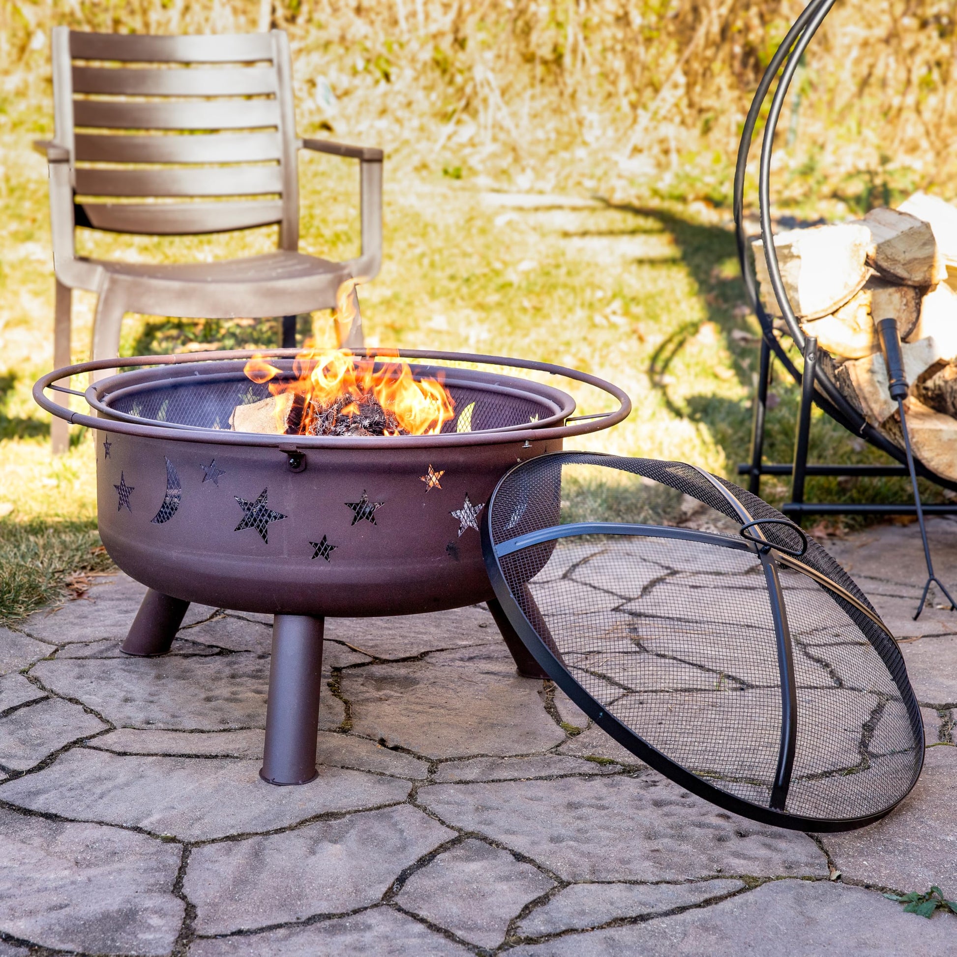 Sunnydaze Cosmic 30-Inch Outdoor Fire Pit - Wood Burning Fire Pit with Cooking BBQ Grill Grate, Spark Screen, and Fireplace Poker - Celestial Design - CookCave