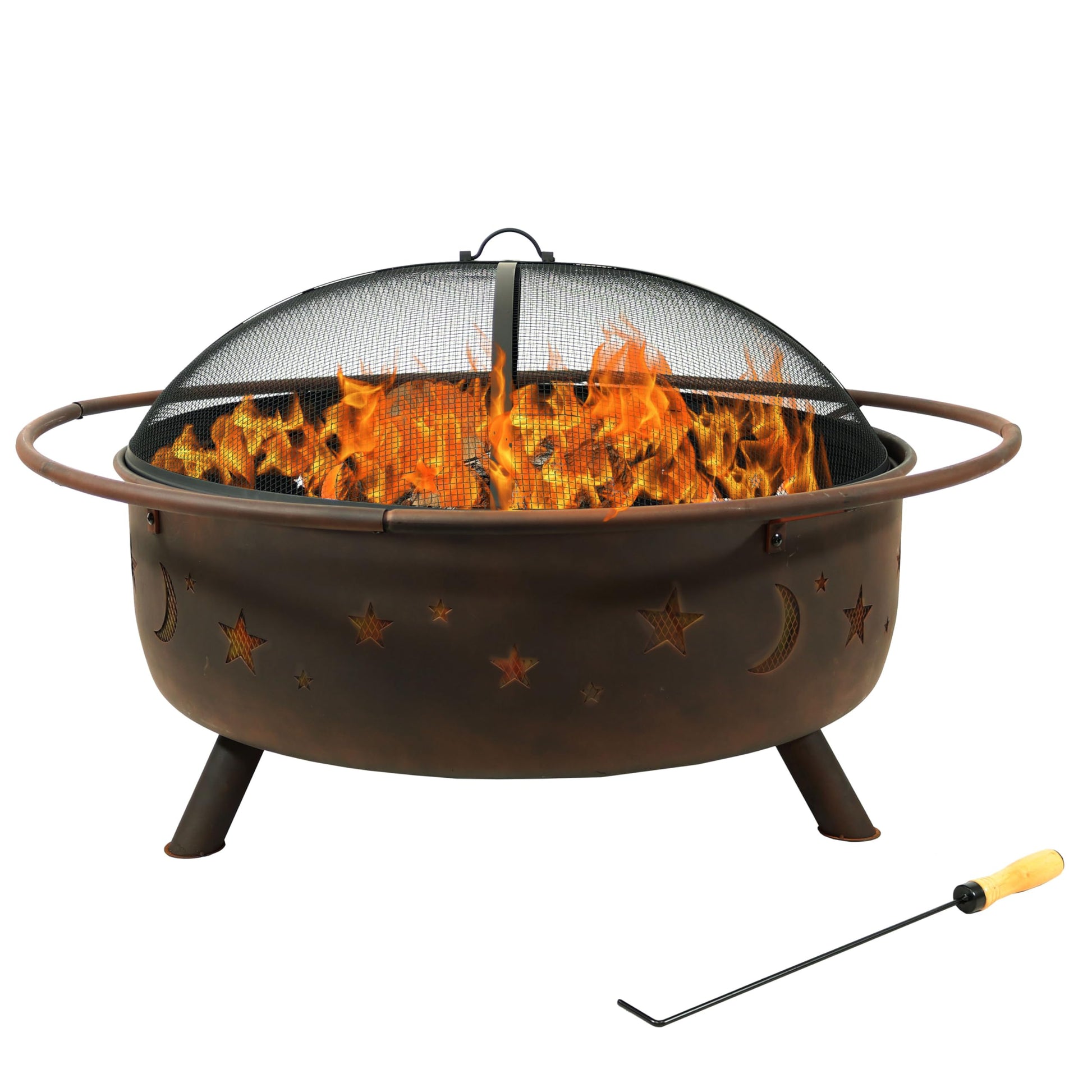 Sunnydaze Cosmic 42-Inch Large Outdoor Fire Pit - Wood-Burning Fire Pit with Round Spark Screen, Poker, and Built-in Grate - CookCave