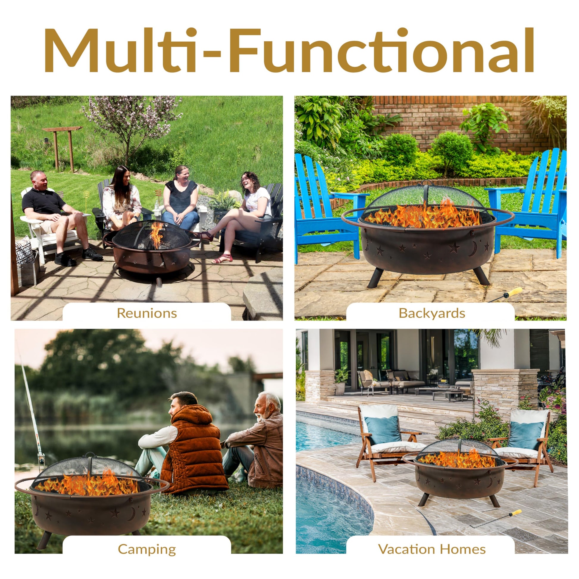 Sunnydaze Cosmic 42-Inch Large Outdoor Fire Pit - Wood-Burning Fire Pit with Round Spark Screen, Poker, and Built-in Grate - CookCave