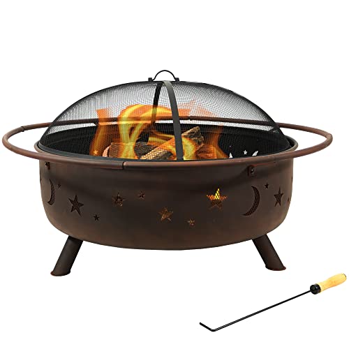 Sunnydaze Cosmic 42-Inch Large Outdoor Fire Pit - Wood-Burning Fire Pit with Round Spark Screen, Poker, and Built-in Grate - CookCave
