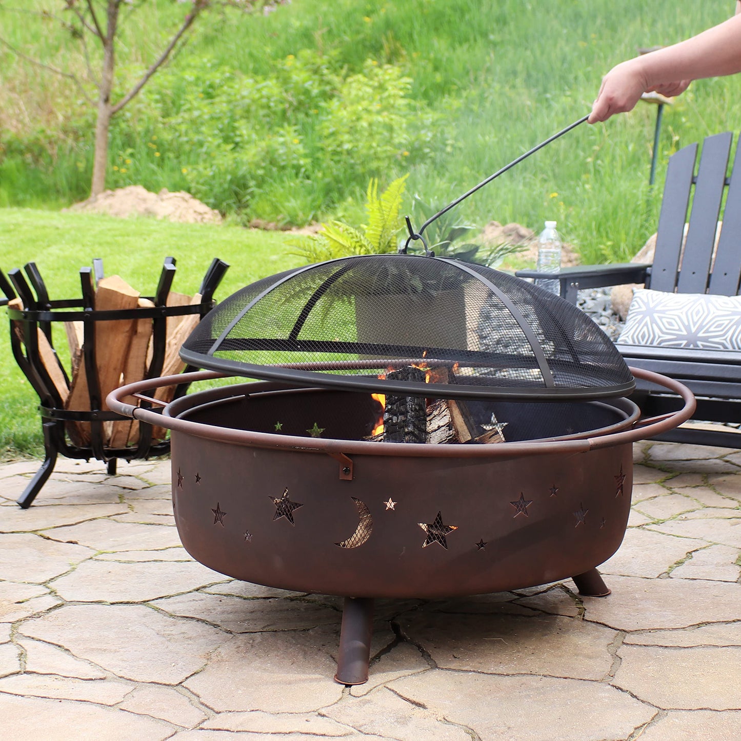 Sunnydaze Cosmic 42-Inch Large Outdoor Fire Pit - Wood-Burning Fire Pit with Round Spark Screen, Poker, and Built-in Grate - CookCave