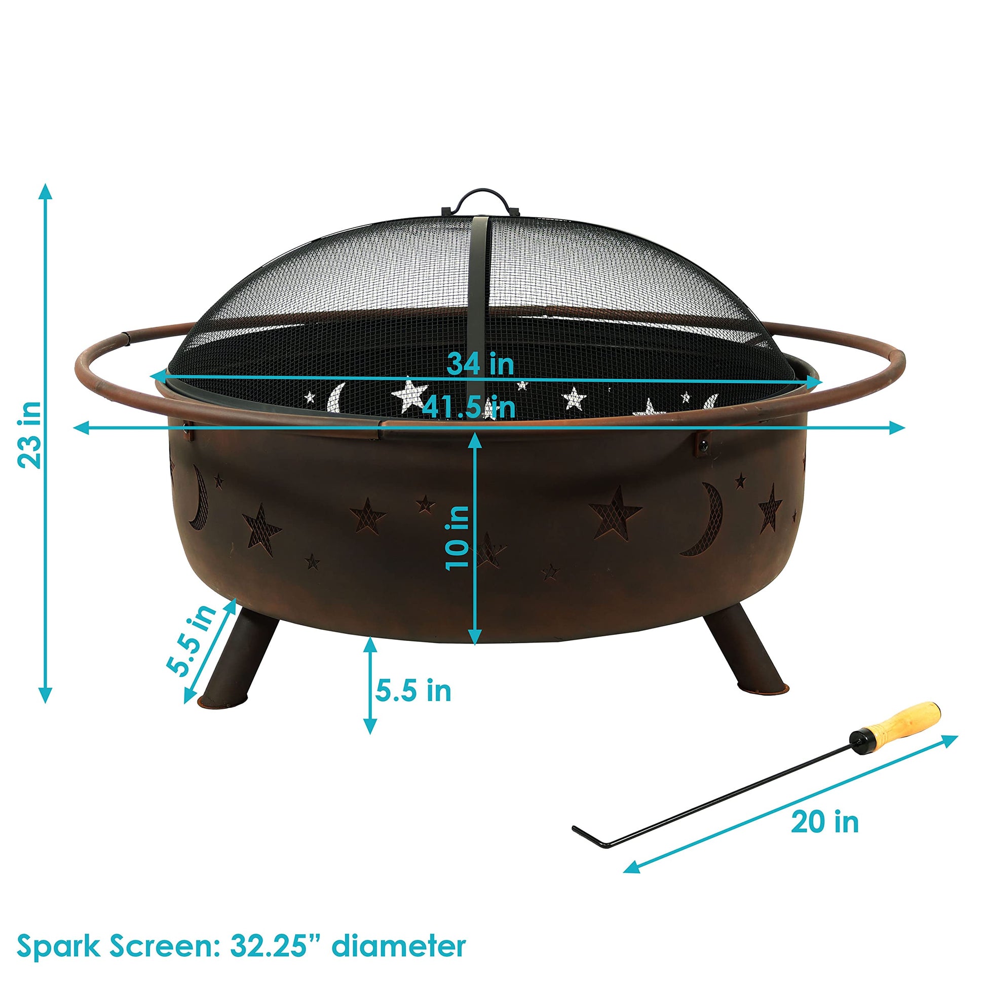 Sunnydaze Cosmic 42-Inch Large Outdoor Fire Pit - Wood-Burning Fire Pit with Round Spark Screen, Poker, and Built-in Grate - CookCave