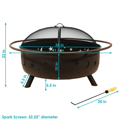 Sunnydaze Cosmic 42-Inch Large Outdoor Fire Pit - Wood-Burning Fire Pit with Round Spark Screen, Poker, and Built-in Grate - CookCave