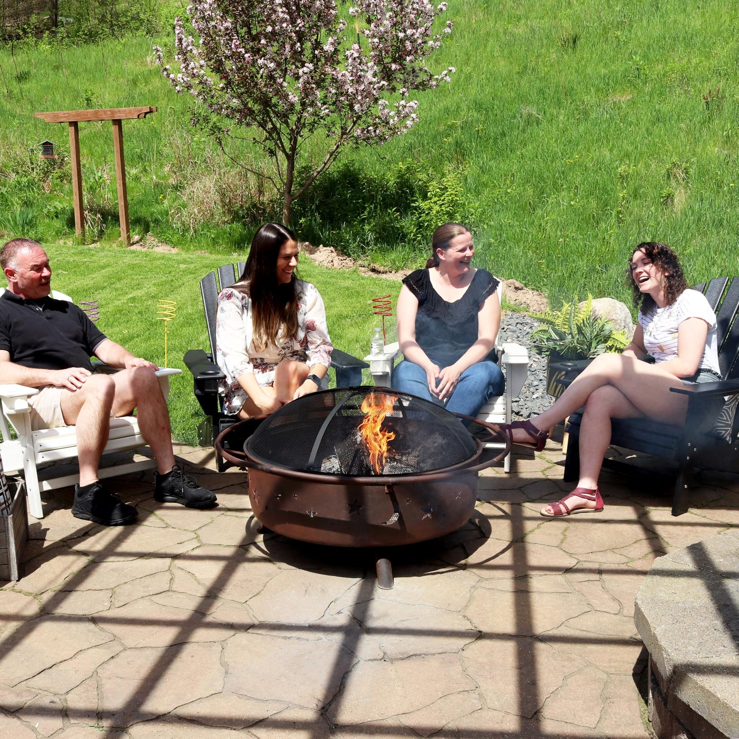 Sunnydaze Cosmic 42-Inch Large Outdoor Fire Pit - Wood-Burning Fire Pit with Round Spark Screen, Poker, and Built-in Grate - CookCave