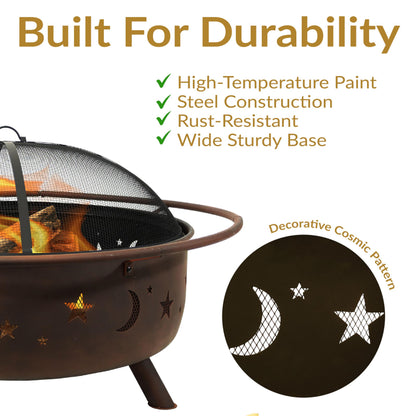Sunnydaze Cosmic 42-Inch Large Outdoor Fire Pit - Wood-Burning Fire Pit with Round Spark Screen, Poker, and Built-in Grate - CookCave