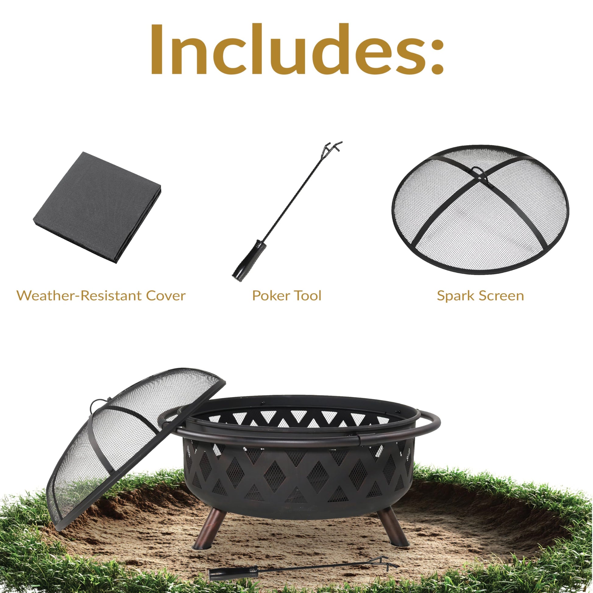 Sunnydaze Crossweave Outdoor Fire Pit - Wood-Burning Fire Pit for Outside with Spark Screen, Poker and Round Cover - 36-Inch - Black - CookCave