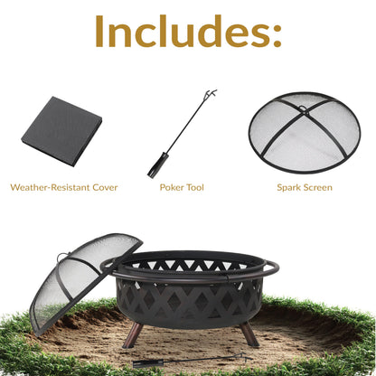 Sunnydaze Crossweave Outdoor Fire Pit - Wood-Burning Fire Pit for Outside with Spark Screen, Poker and Round Cover - 36-Inch - Black - CookCave