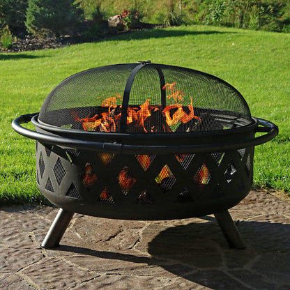 Sunnydaze Crossweave Outdoor Fire Pit - Wood-Burning Fire Pit for Outside with Spark Screen, Poker and Round Cover - 36-Inch - Black - CookCave
