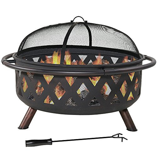 Sunnydaze Crossweave Outdoor Fire Pit - Wood-Burning Fire Pit for Outside with Spark Screen, Poker and Round Cover - 36-Inch - Black - CookCave