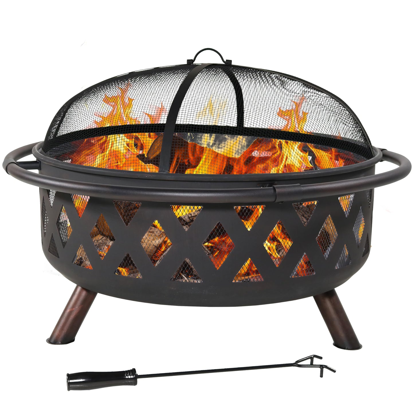 Sunnydaze Crossweave Outdoor Fire Pit - Wood-Burning Fire Pit for Outside with Spark Screen, Poker and Round Cover - 36-Inch - Black - CookCave