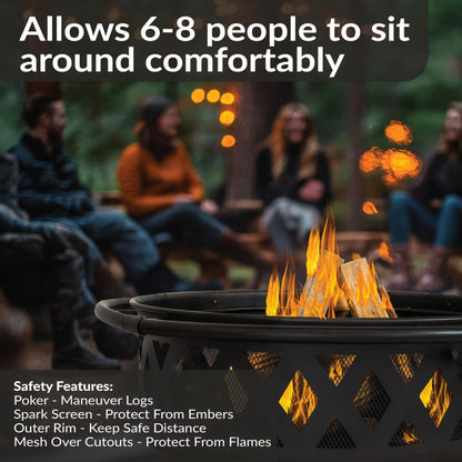 Sunnydaze Crossweave Outdoor Fire Pit - Wood-Burning Fire Pit for Outside with Spark Screen, Poker and Round Cover - 36-Inch - Black - CookCave