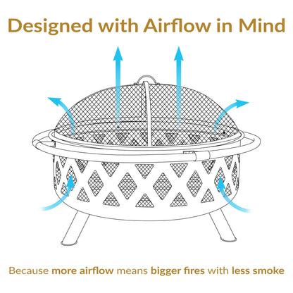 Sunnydaze Crossweave Outdoor Fire Pit - Wood-Burning Fire Pit for Outside with Spark Screen, Poker and Round Cover - 36-Inch - Black - CookCave