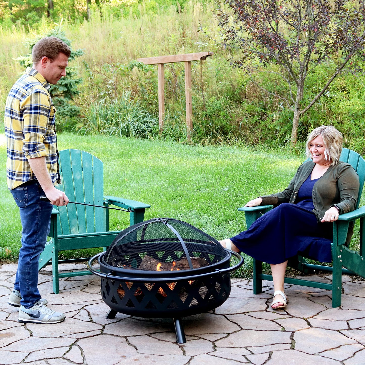 Sunnydaze Crossweave Outdoor Fire Pit - Wood-Burning Fire Pit for Outside with Spark Screen, Poker and Round Cover - 36-Inch - Black - CookCave
