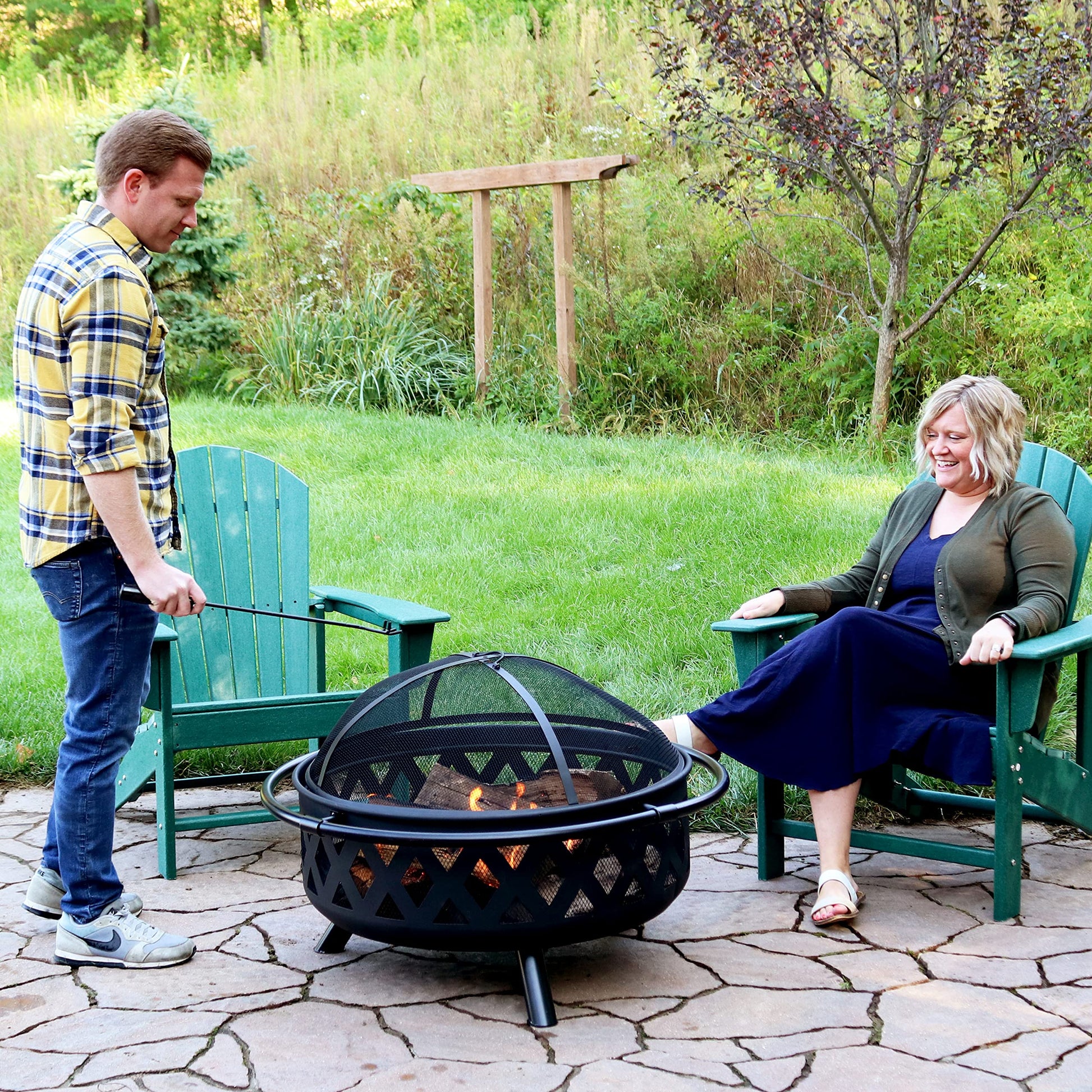 Sunnydaze Crossweave Outdoor Fire Pit - Wood-Burning Fire Pit for Outside with Spark Screen, Poker and Round Cover - 36-Inch - Black - CookCave