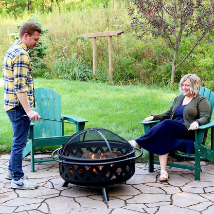 Sunnydaze Crossweave Outdoor Fire Pit - Wood-Burning Fire Pit for Outside with Spark Screen, Poker and Round Cover - 36-Inch - Black - CookCave
