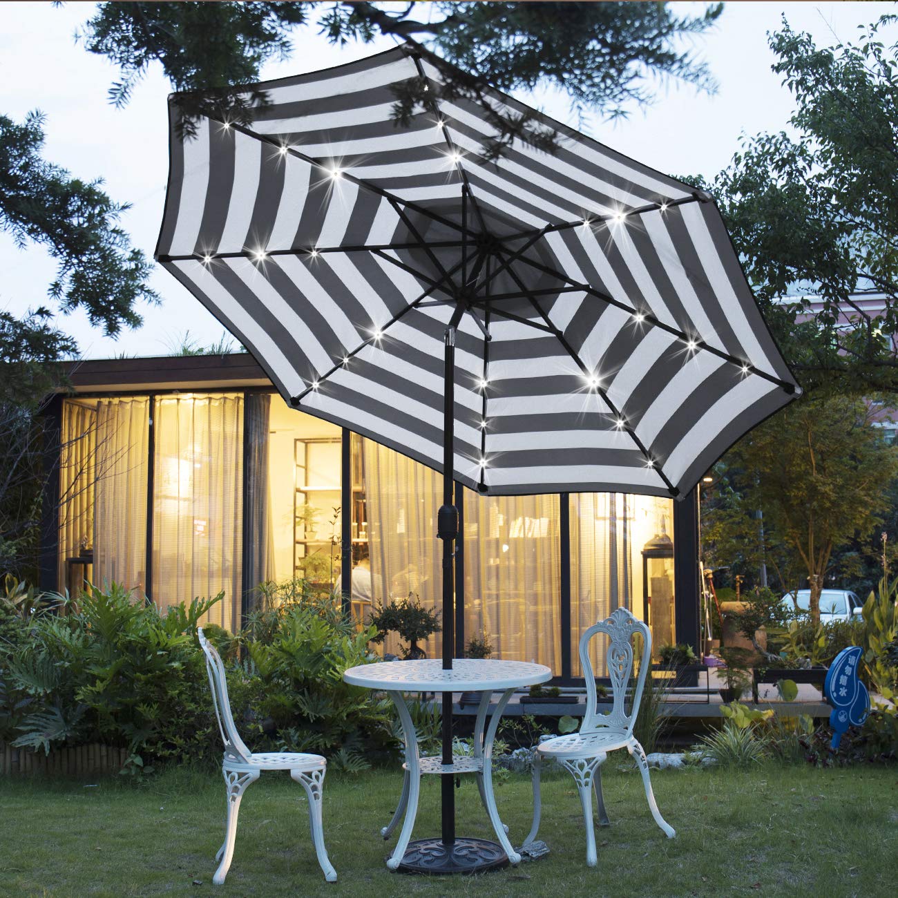 Sunnyglade 9' Solar 24 LED Lighted Umbrella with 8 Ribs Adjustment and Crank Lift System for Patio - Black and White - CookCave