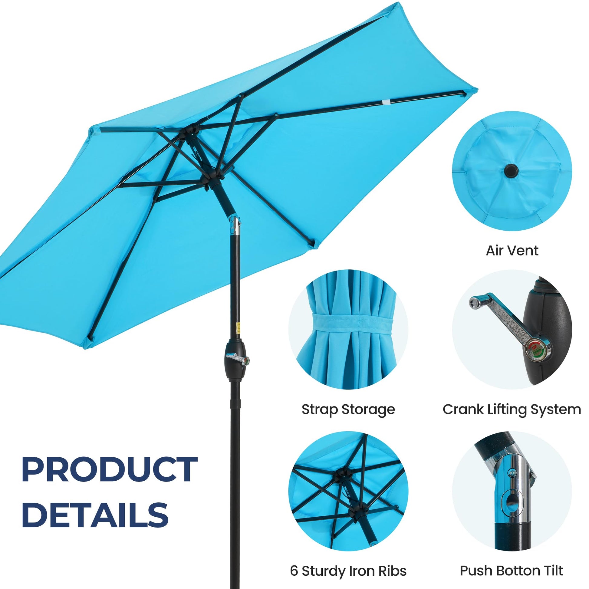 SUNVIVI OUTDOOR 7.5' Outdoor Patio Umbrella, Patio Umbrella, Market Umbrella, Aluminum Pole Umbrella with Push Button Tilt and Crank, 6 Ribs, Polyester Canopy, Blue - CookCave