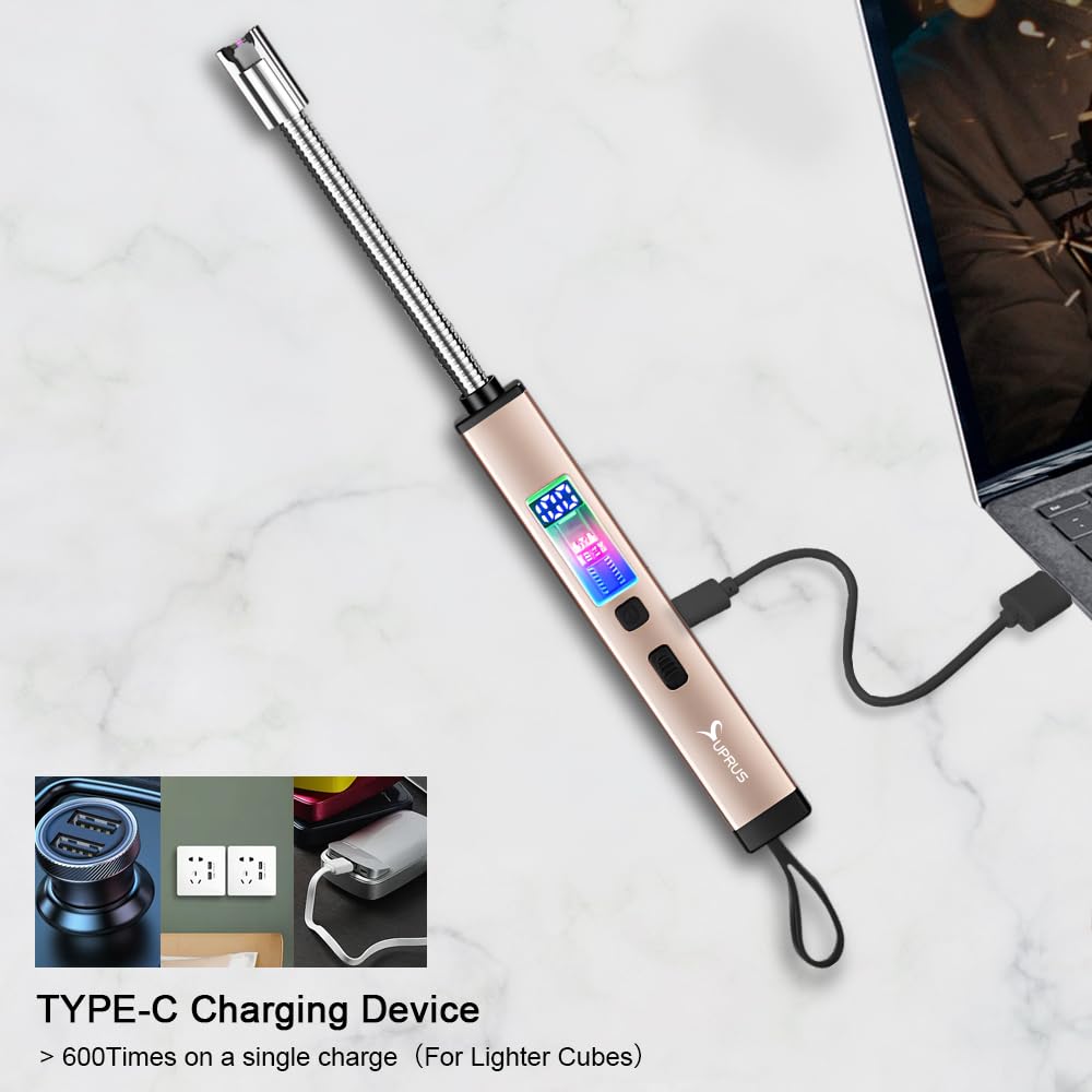 SUPRUS Electric Candle Lighter USB-C Rechargeable with Digital Battery Display Ambient Lighting Safety Switch 360° Flexible Neck Flameless Plasma Windproof Perfect for Candle BBQ Camping (Gold) - CookCave