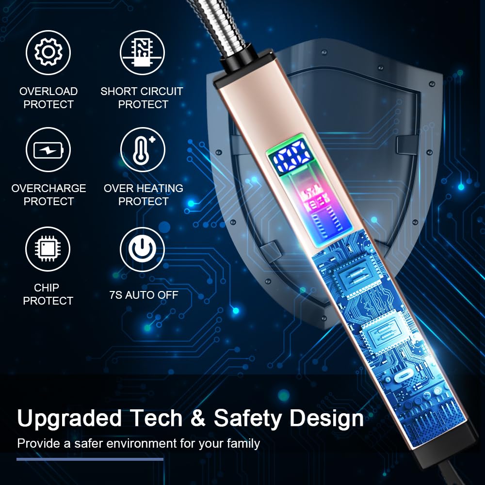 SUPRUS Electric Candle Lighter USB-C Rechargeable with Digital Battery Display Ambient Lighting Safety Switch 360° Flexible Neck Flameless Plasma Windproof Perfect for Candle BBQ Camping (Gold) - CookCave