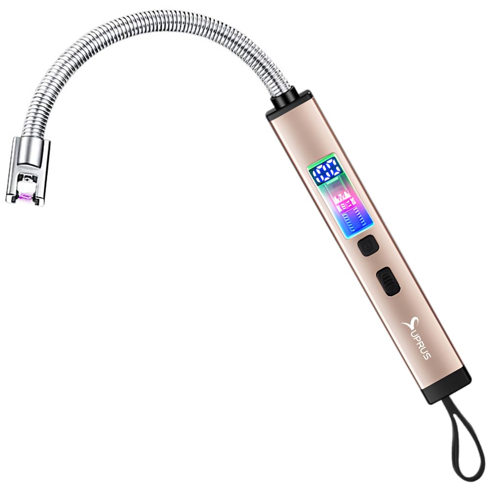 SUPRUS Electric Candle Lighter USB-C Rechargeable with Digital Battery Display Ambient Lighting Safety Switch 360° Flexible Neck Flameless Plasma Windproof Perfect for Candle BBQ Camping (Gold) - CookCave