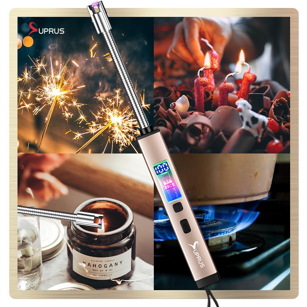 SUPRUS Electric Candle Lighter USB-C Rechargeable with Digital Battery Display Ambient Lighting Safety Switch 360° Flexible Neck Flameless Plasma Windproof Perfect for Candle BBQ Camping (Gold) - CookCave