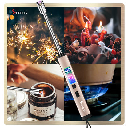 SUPRUS Electric Candle Lighter USB-C Rechargeable with Digital Battery Display Ambient Lighting Safety Switch 360° Flexible Neck Flameless Plasma Windproof Perfect for Candle BBQ Camping (Gold) - CookCave