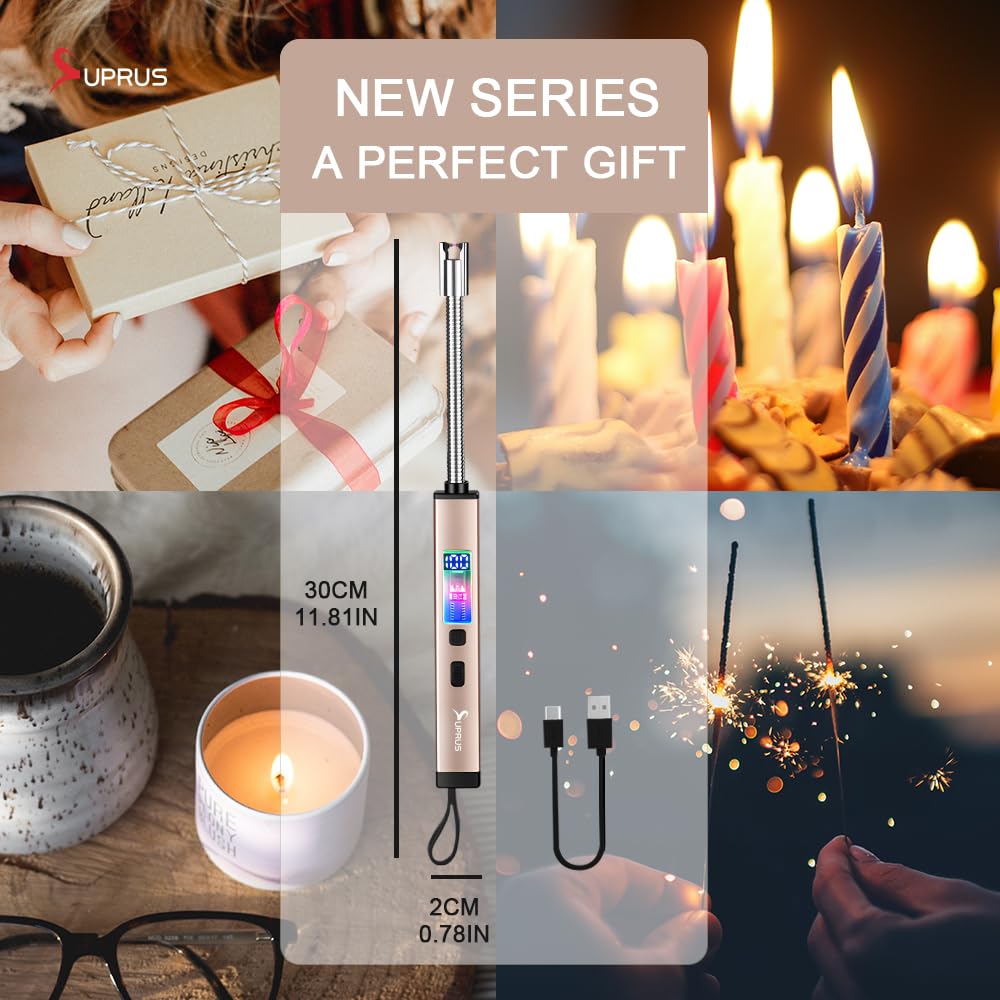 SUPRUS Electric Candle Lighter USB-C Rechargeable with Digital Battery Display Ambient Lighting Safety Switch 360° Flexible Neck Flameless Plasma Windproof Perfect for Candle BBQ Camping (Gold) - CookCave