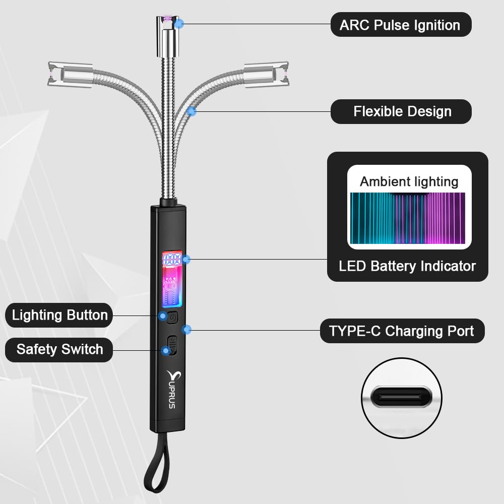 SUPRUS Electric Candle Lighter USB-C Rechargeable with Digital Battery Display Ambient Lighting Safety Switch 360° Flexible Neck Flameless Plasma Windproof Perfect for Candle BBQ Camping (Gold) - CookCave