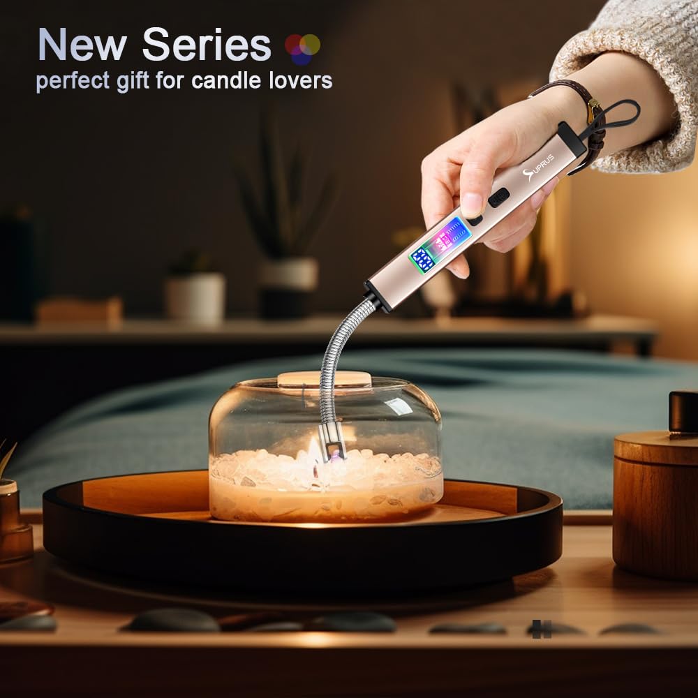 SUPRUS Electric Candle Lighter USB-C Rechargeable with Digital Battery Display Ambient Lighting Safety Switch 360° Flexible Neck Flameless Plasma Windproof Perfect for Candle BBQ Camping (Gold) - CookCave