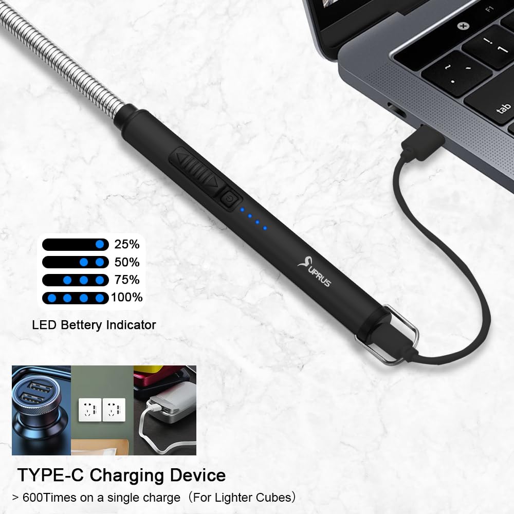SUPRUS Electric Candle Lighter USB Type C Rechargeable Lighter Steel Shell & Hanging Hook with 360° Flexible Neck (Black) - CookCave