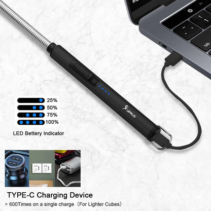 SUPRUS Electric Candle Lighter USB Type C Rechargeable Lighter Steel Shell & Hanging Hook with 360° Flexible Neck (Black) - CookCave