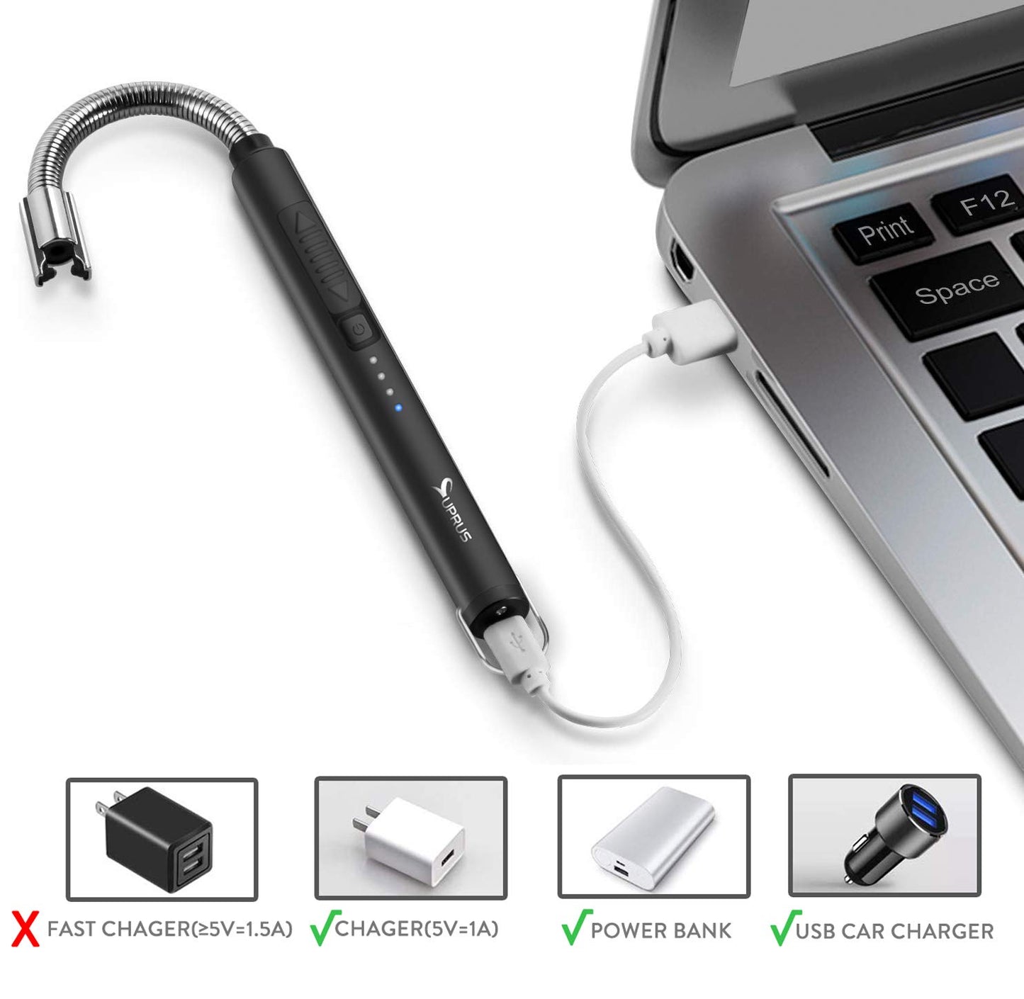 SUPRUS Electric Candle Lighter USB Type C Rechargeable Lighter Steel Shell & Hanging Hook with 360° Flexible Neck (Black) - CookCave