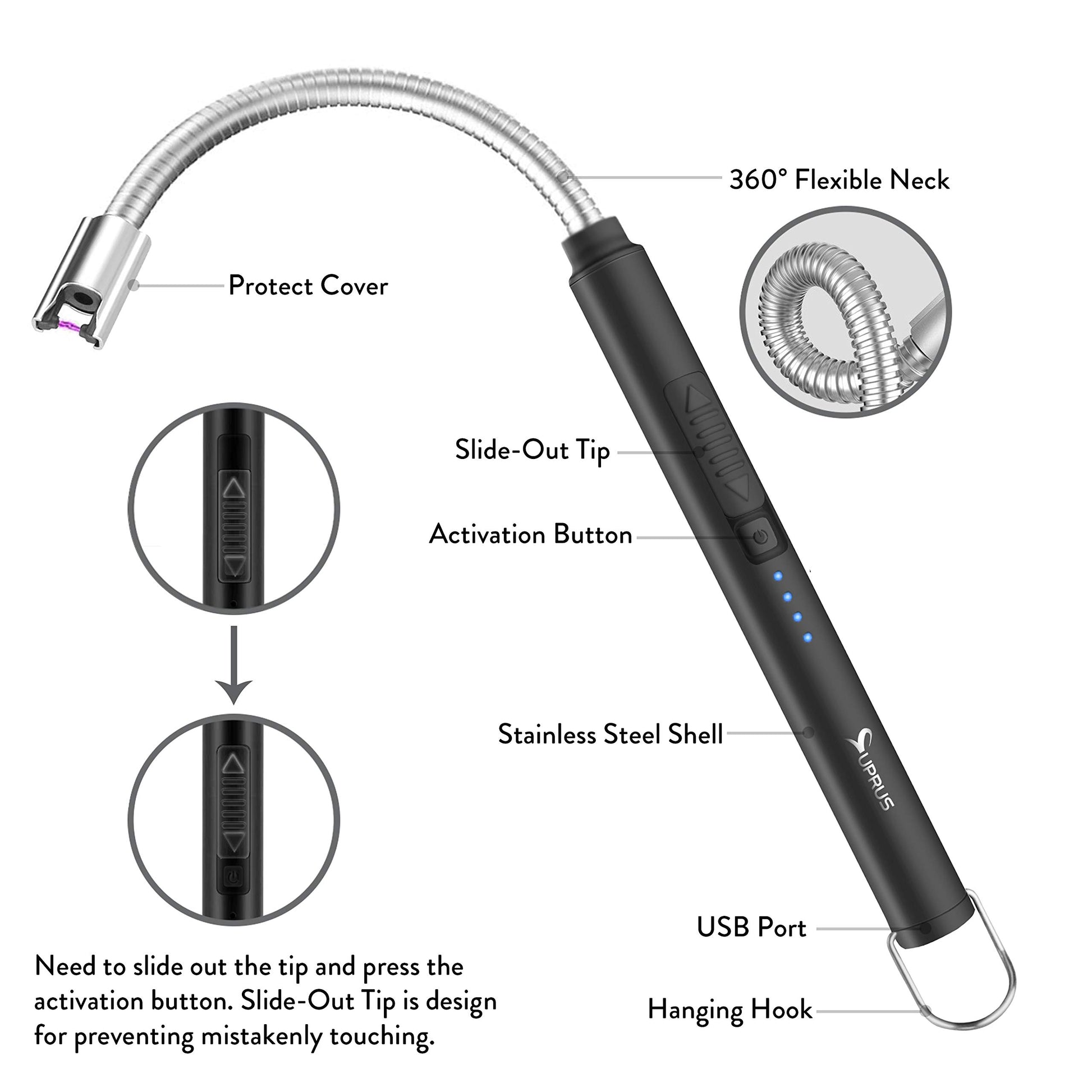 SUPRUS Electric Candle Lighter USB Type C Rechargeable Lighter Steel Shell & Hanging Hook with 360° Flexible Neck (Black) - CookCave