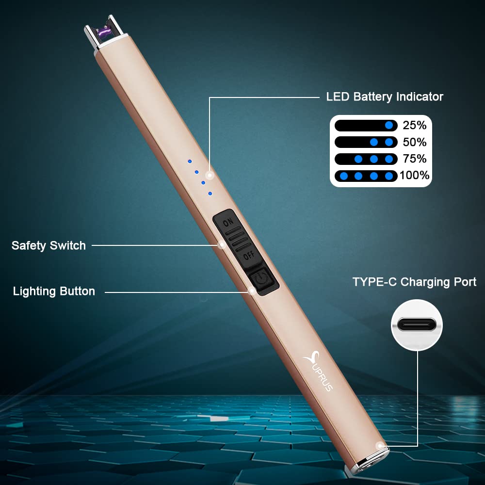 SUPRUS Electric Lighter Arc Windproof Flameless USB Rechargeable Lighter with Safety Lock for Candle BBQ Camping (Champagne Gold) - CookCave
