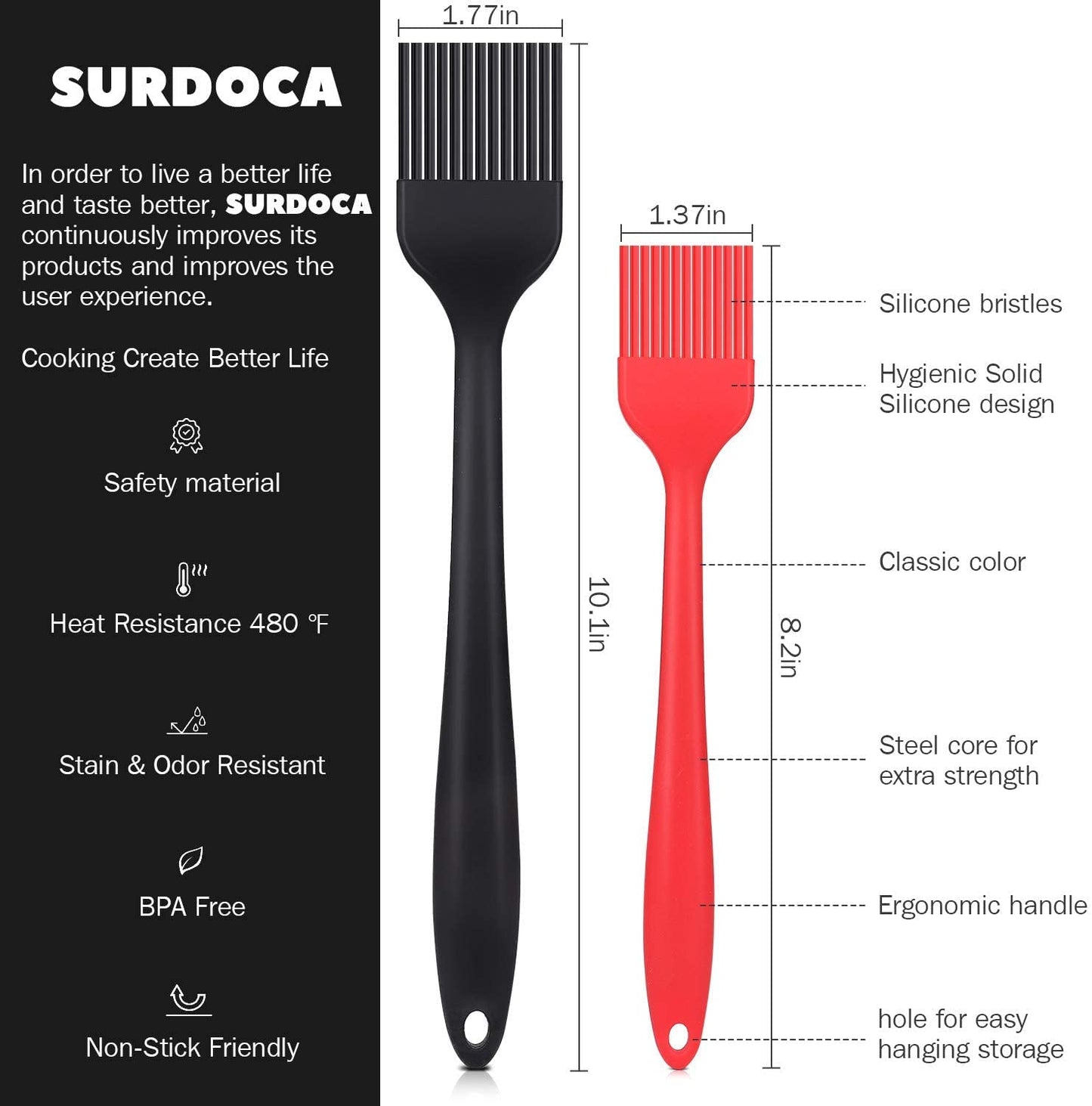 SURDOCA Silicone Pastry Basting Brush - 2Pcs 10 + 8 in Heat Resistant Brush for Baking Cooking Food, BPA Free Kitchen Brush for Sauce Butter Oil, Stainless Steel Core Design for Barbecue BBQ Grilling - CookCave