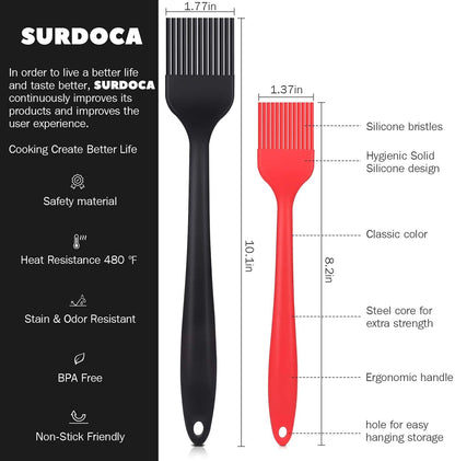 SURDOCA Silicone Pastry Basting Brush - 2Pcs 10 + 8 in Heat Resistant Brush for Baking Cooking Food, BPA Free Kitchen Brush for Sauce Butter Oil, Stainless Steel Core Design for Barbecue BBQ Grilling - CookCave