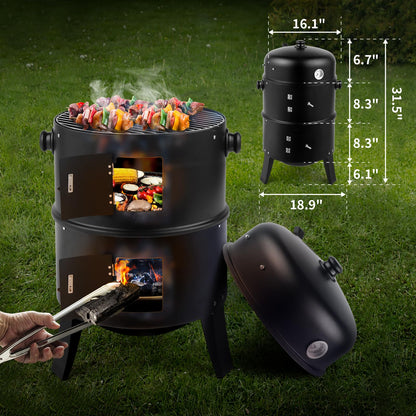 susici 16 Inch Charcoal BBQ Smoker Grill,3-in-1 Portable Vertical Grill Cooker with Built-in Thermometers & Adjustable Vent Systems for Outdoor Backyard Cooking, Camping & Patio Parties - CookCave