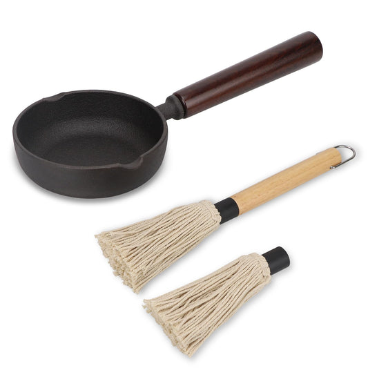 Svailse Cast Iron Basting Pot with Mop Brush Set, Premium Grill & Smoker Accessories with Heat Retention Saucepan, Mop Brush with Replaceable Head, Mini Cast Iron Melting Pot for BBQ, Oven, Stovetop - CookCave