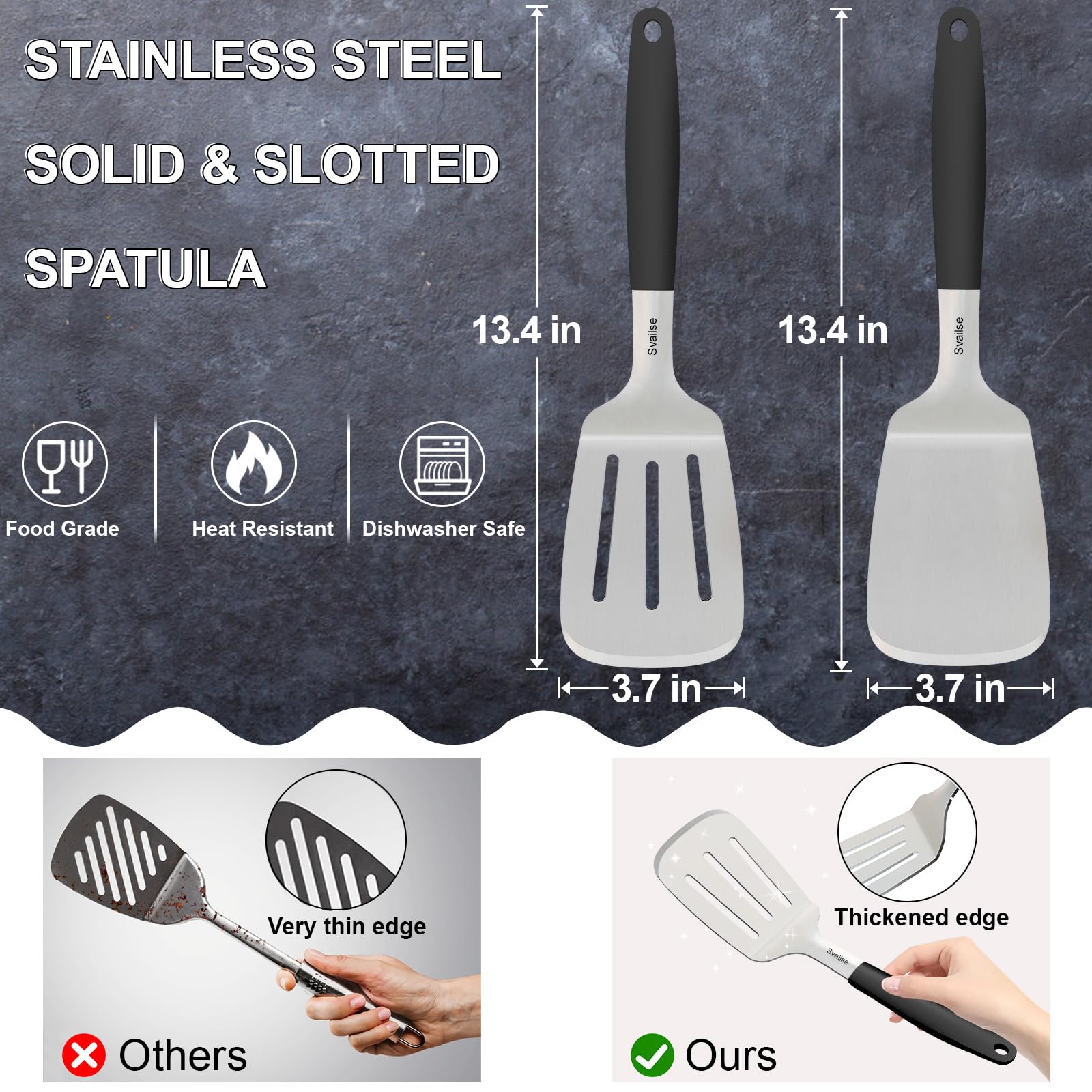 Svailse Stainless Steel Spatula Set, Large 13.4 In Metal Spatula for Kitchen Use, Heavy Duty BBQ Turner with Silicone Handle, Set of 2 Solid & Slotted Flipper for Cast Iron Skillet, Grilling & Cooking - CookCave