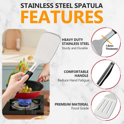 Svailse Stainless Steel Spatula Set, Large 13.4 In Metal Spatula for Kitchen Use, Heavy Duty BBQ Turner with Silicone Handle, Set of 2 Solid & Slotted Flipper for Cast Iron Skillet, Grilling & Cooking - CookCave