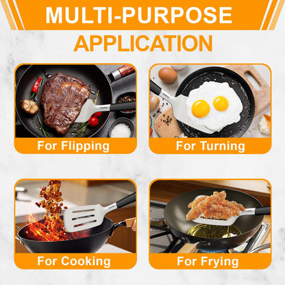 Svailse Stainless Steel Spatula Set, Large 13.4 In Metal Spatula for Kitchen Use, Heavy Duty BBQ Turner with Silicone Handle, Set of 2 Solid & Slotted Flipper for Cast Iron Skillet, Grilling & Cooking - CookCave