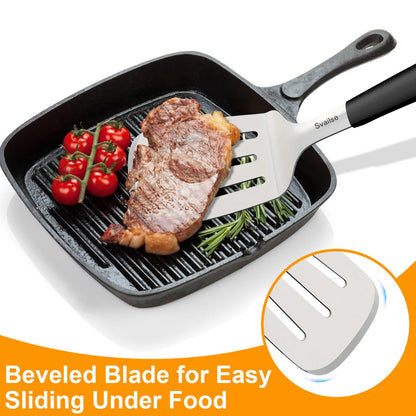 Svailse Stainless Steel Spatula Set, Large 13.4 In Metal Spatula for Kitchen Use, Heavy Duty BBQ Turner with Silicone Handle, Set of 2 Solid & Slotted Flipper for Cast Iron Skillet, Grilling & Cooking - CookCave