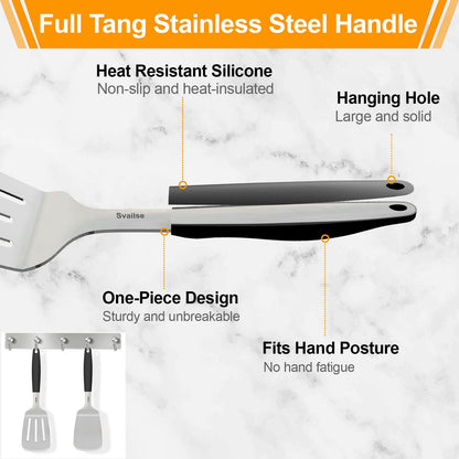 Svailse Stainless Steel Spatula Set, Large 13.4 In Metal Spatula for Kitchen Use, Heavy Duty BBQ Turner with Silicone Handle, Set of 2 Solid & Slotted Flipper for Cast Iron Skillet, Grilling & Cooking - CookCave