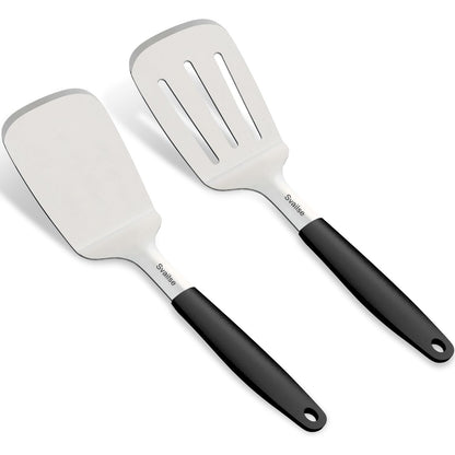 Svailse Stainless Steel Spatula Set, Large 13.4 In Metal Spatula for Kitchen Use, Heavy Duty BBQ Turner with Silicone Handle, Set of 2 Solid & Slotted Flipper for Cast Iron Skillet, Grilling & Cooking - CookCave