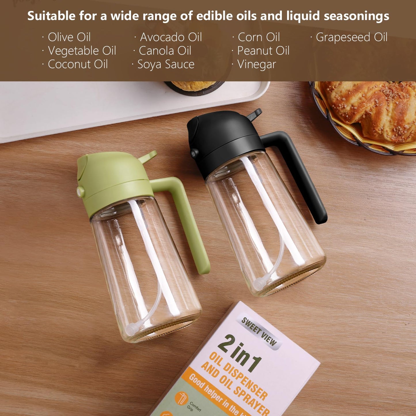 SWEET VIEW Olive Oil Sprayer for Cooking, 470ml 2 In 1 Glass Oil Dispenser/Pour Bottle, Kitchen Accessories, Kitchen Gadgets for Air Fryer, Salad, BBQ (Black) - CookCave