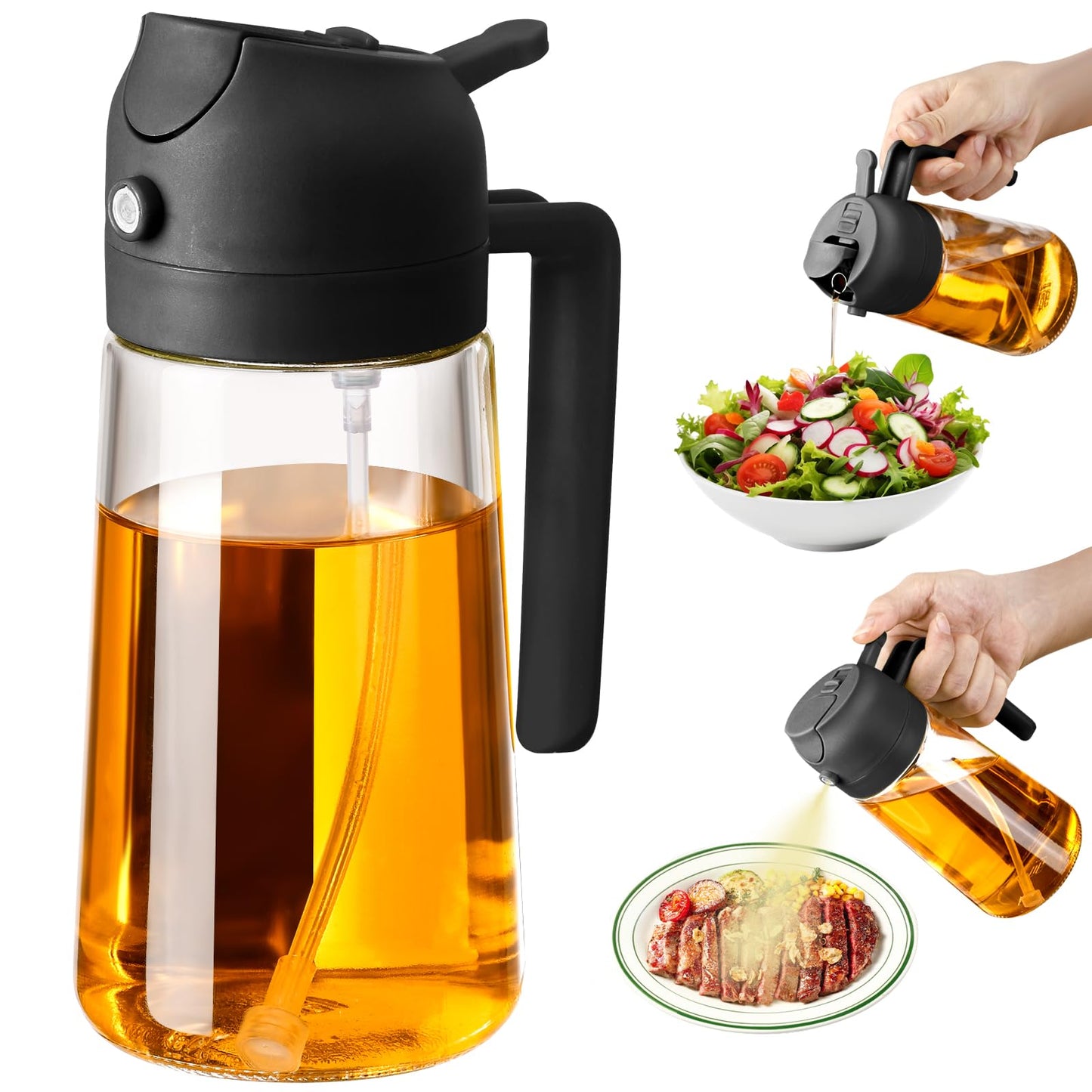 SWEET VIEW Olive Oil Sprayer for Cooking, 470ml 2 In 1 Glass Oil Dispenser/Pour Bottle, Kitchen Accessories, Kitchen Gadgets for Air Fryer, Salad, BBQ (Black) - CookCave