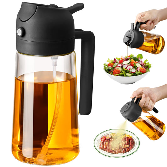 SWEET VIEW Olive Oil Sprayer for Cooking, 470ml 2 In 1 Glass Oil Dispenser/Pour Bottle, Kitchen Accessories, Kitchen Gadgets for Air Fryer, Salad, BBQ (Black) - CookCave