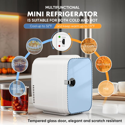 Sweetcrispy Mini Fridge, Portable Small Refrigerator 4L/6 Can Cooler & Warmer Compact Fridges for SkinCare, Food and Drinks, Bedroom, Dorm, Car, Office, White - CookCave